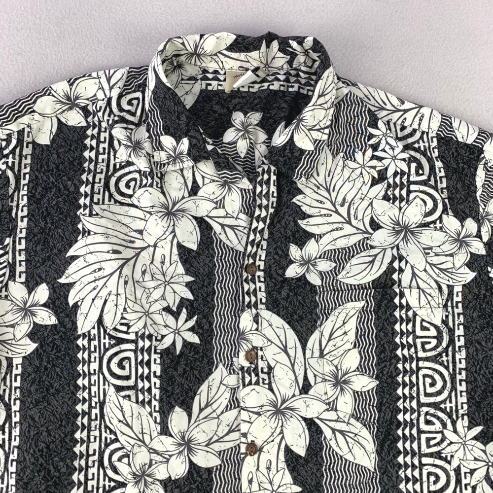 VTG Hawaii Station Floral Aloha Shirt Mens 2XL Black White Hawaiian Cotton
